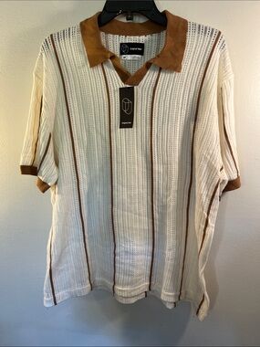 Original Use Men’s Cream Polo with Brown Stripe Details